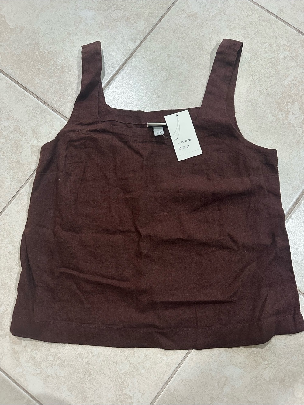 a new day Chocolate Brown Square Neck linen Tank Top